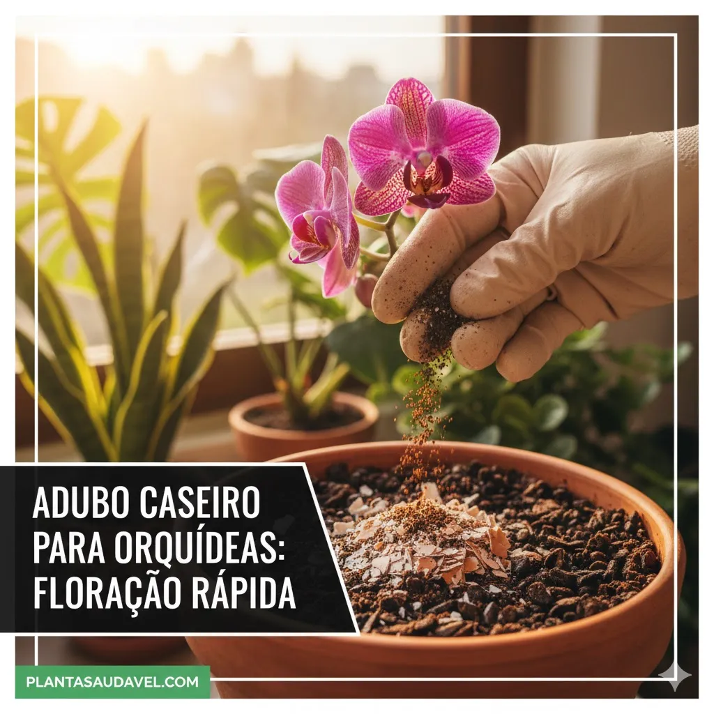 Mãos de um jardineiro aplicando adubo orgânico caseiro em uma orquídea florida em um vaso de barro.