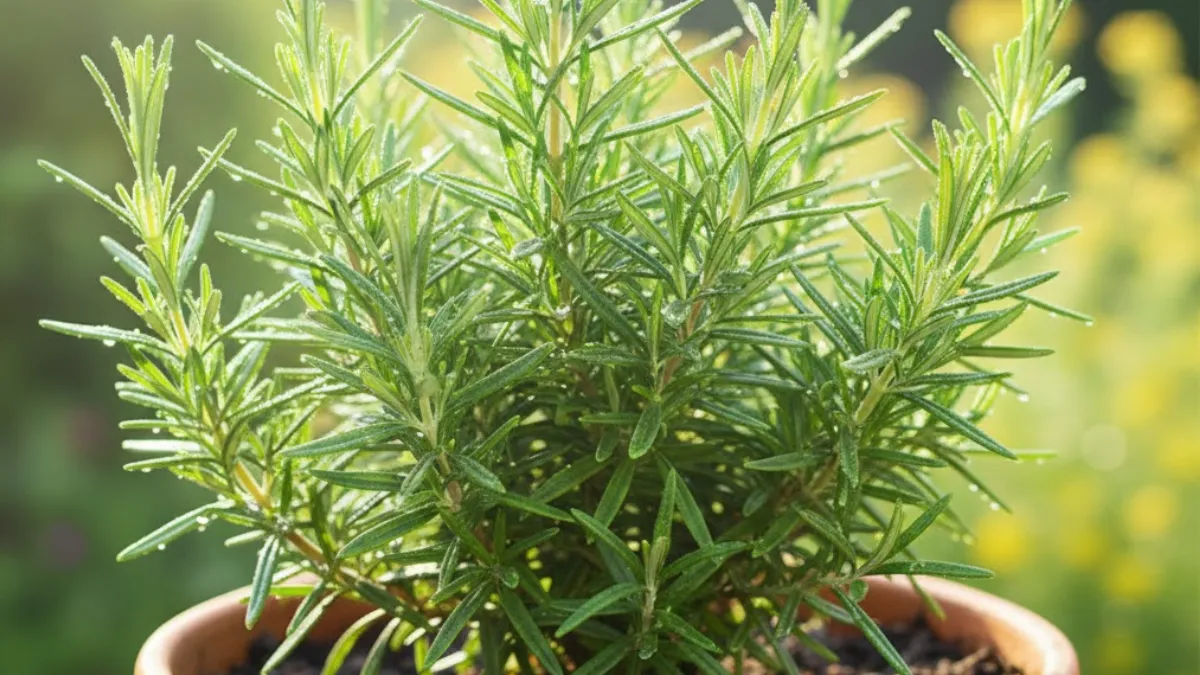 Planta de alecrim verde e saudável cultivada em vaso sob luz do sol, usada para chá medicinal e temperos naturais