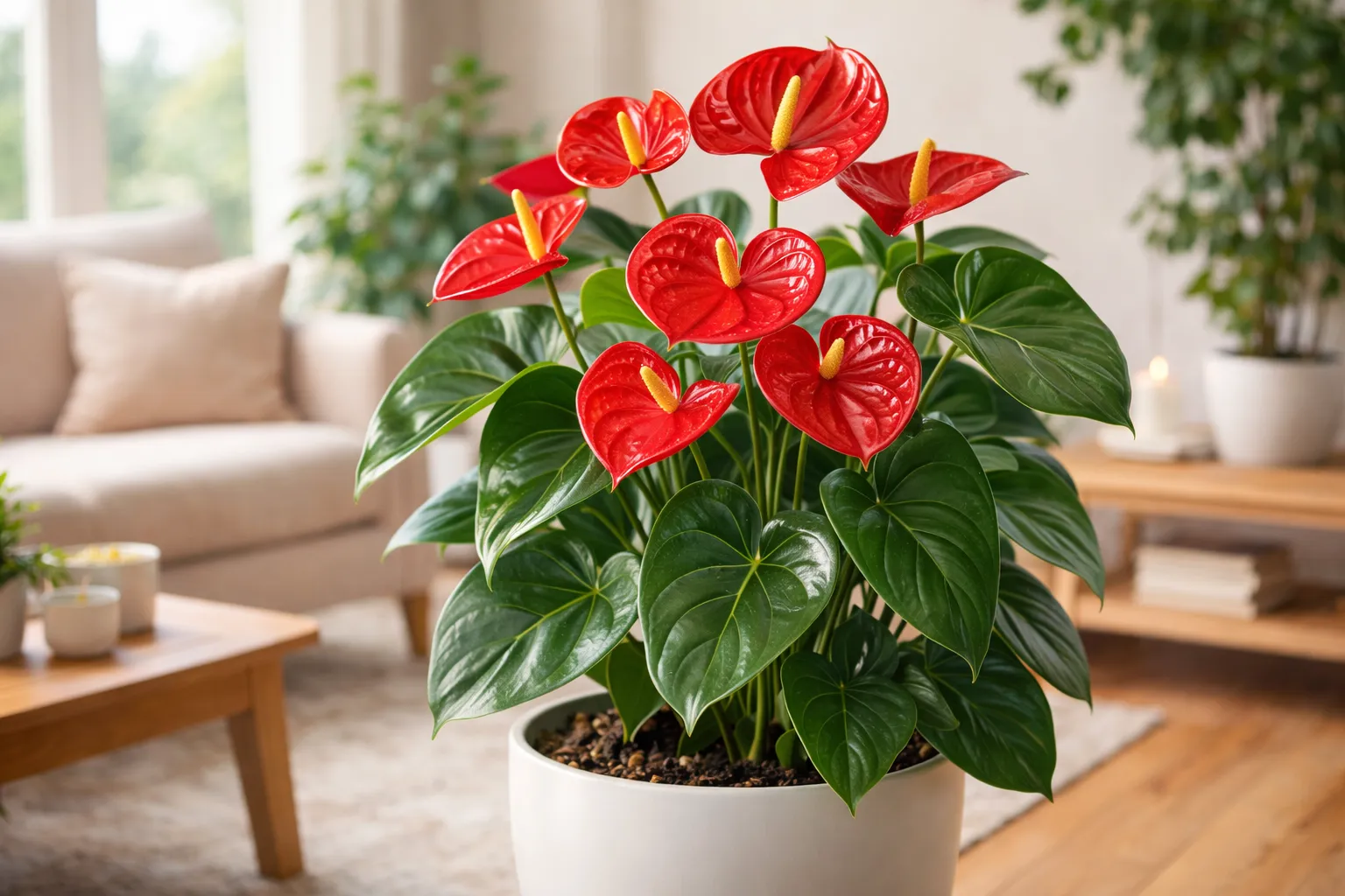 Fazer o Antúrio florir: Antúrio com flores vermelhas saudáveis em ambiente interno iluminado