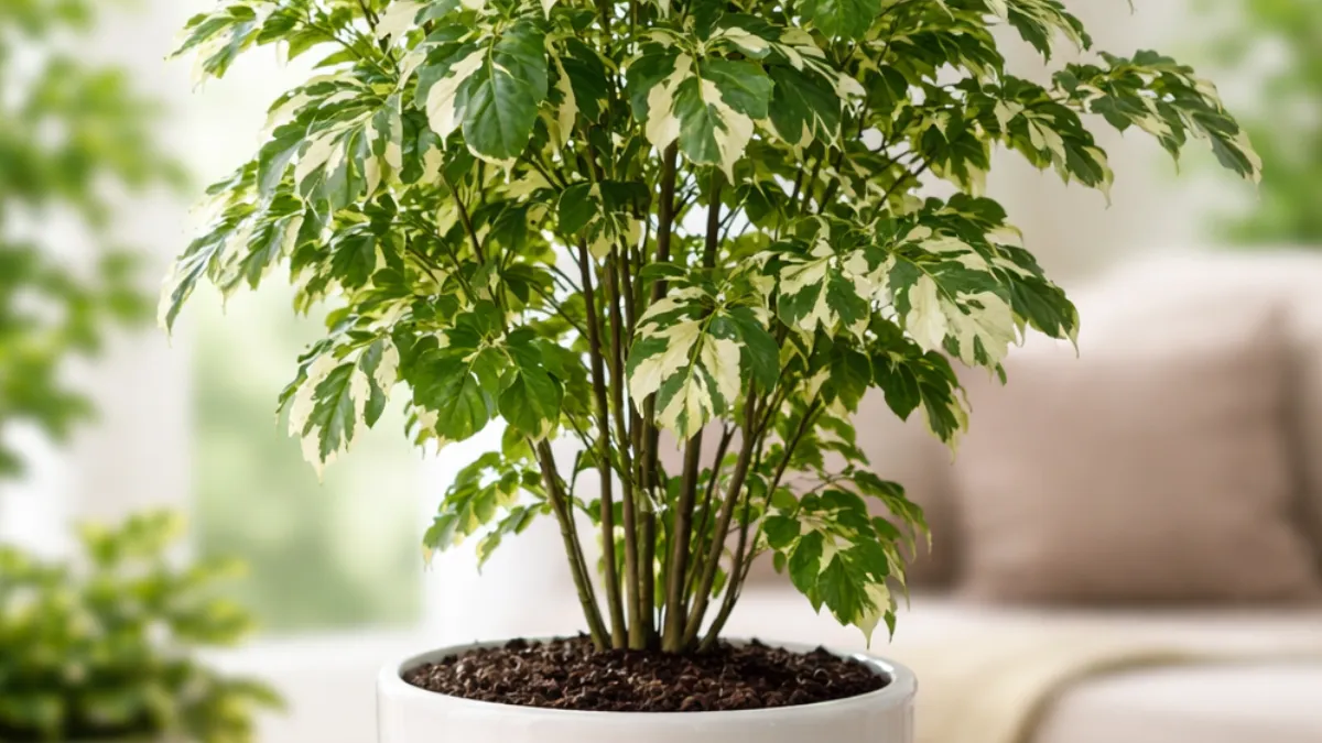 Planta árvore da felicidade com folhas verdes variegatas