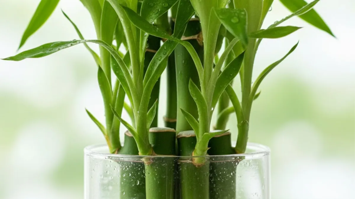 Arranjo de Bambu da Sorte (Dracaena sanderiana) em vaso de vidro, folhas verdes e gotas de água