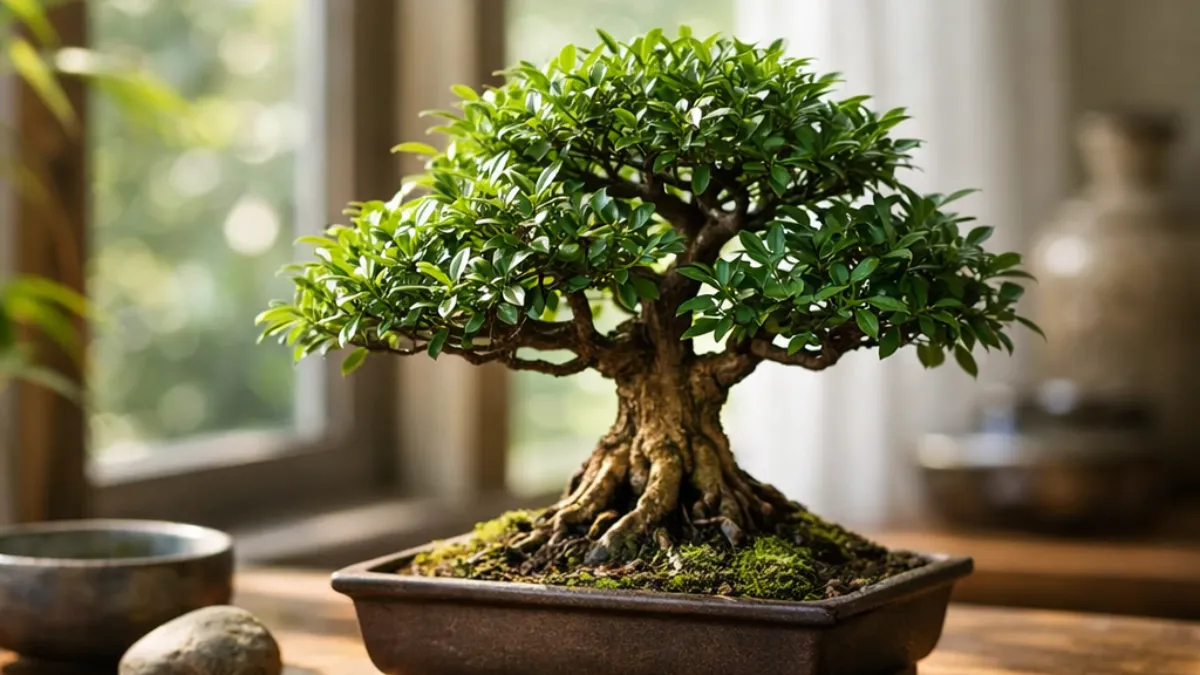 Bonsai Ficus sobre mesa de madeira próximo a janela iluminada, mostrando tronco grosso, raízes expostas e folhas verdes saudáveis em vaso raso.