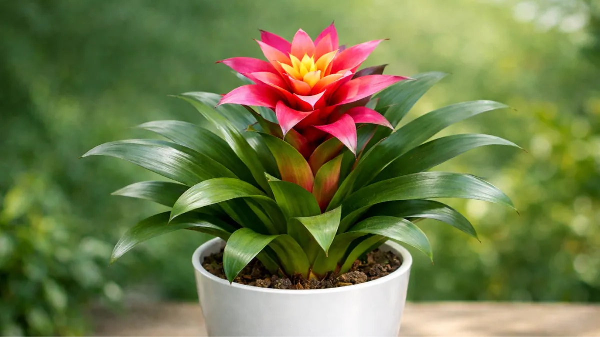 Bromélia tropical com folhas verdes e flor colorida em vaso, cuidada em ambiente de jardinagem interna.