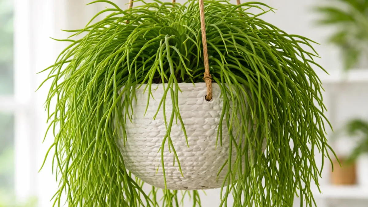 Cacto Macarrão com ramos longos verdes em vaso suspenso