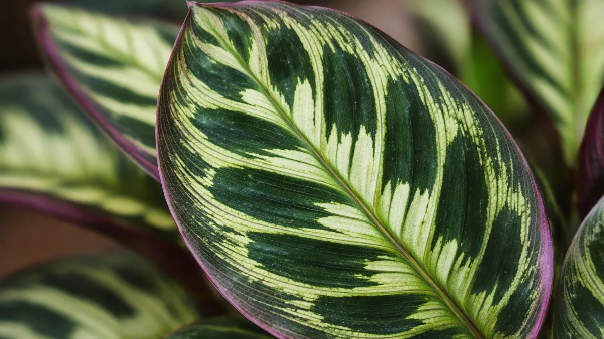 Folha de Calathea verde com padrões detalhados em fotografia macro