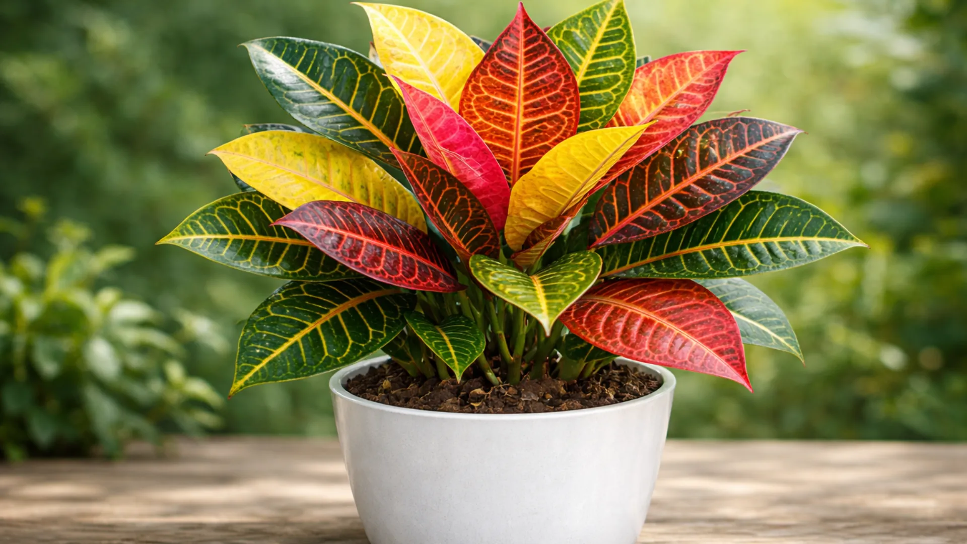 Planta Cróton com folhas verdes, amarelas e vermelhas cultivada em vaso, destacando suas cores intensas