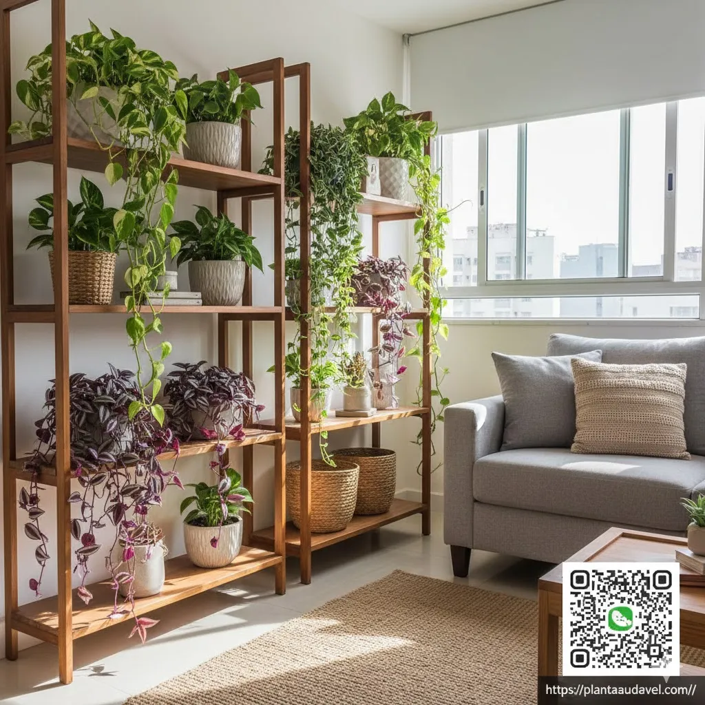 Sala de estar moderna com prateleiras altas contendo plantas pendentes como Jiboia e Lambari Roxo. Um QR Code no canto remete ao site Plantasaudavel.com.