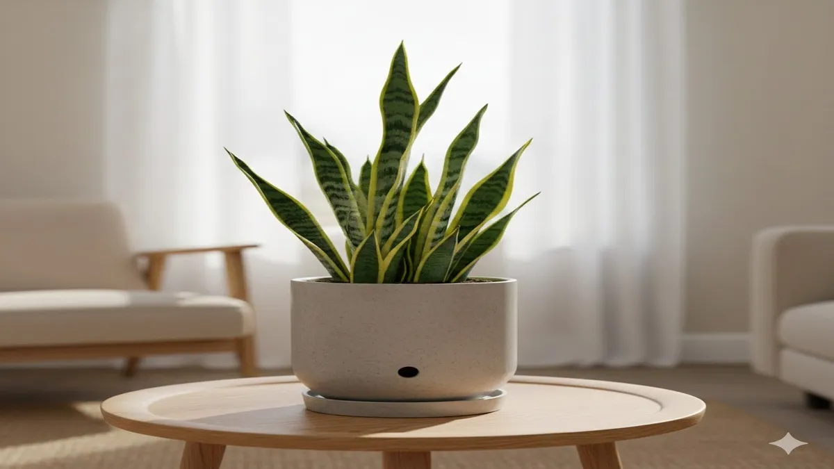 Planta Espada-de-São-Jorge com folhas verdes e amarelas em um vaso cinza sobre mesa de madeira, ilustrando cuidados em casa