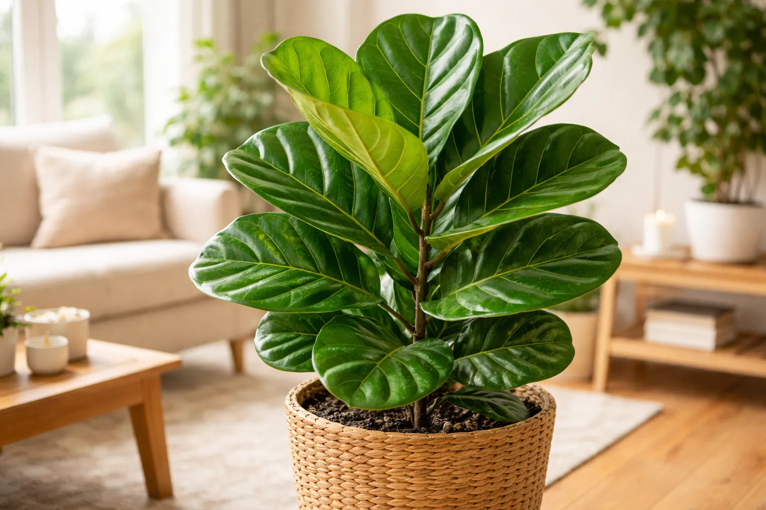 Ficus Lyrata em vaso dentro de casa com folhas grandes, verdes e brilhantes