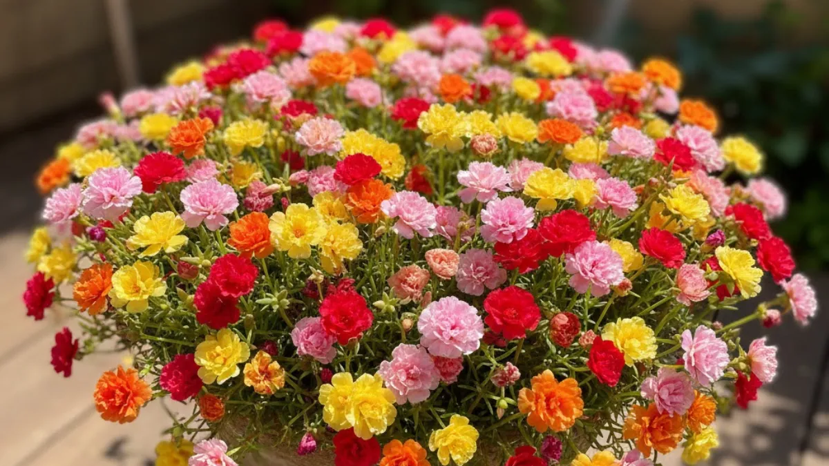 Planta onze-horas com flores vermelhas, rosas e amarelas abertas ao sol