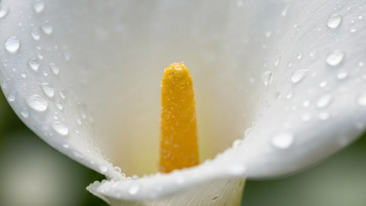 Flor copo de leite branca em close com gotas de água e fundo desfocado claro