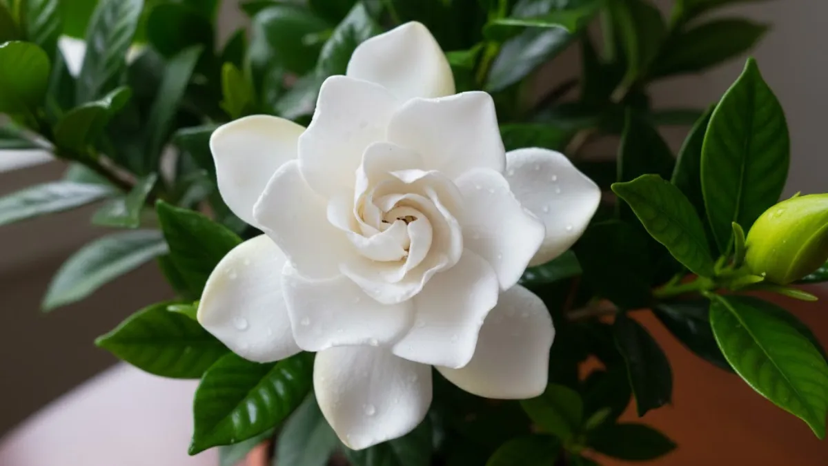 Flor branca de gardênia aberta com folhas verdes brilhantes