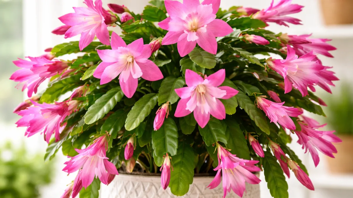 Flor de Maio rosa com flores abertas em vaso decorativo