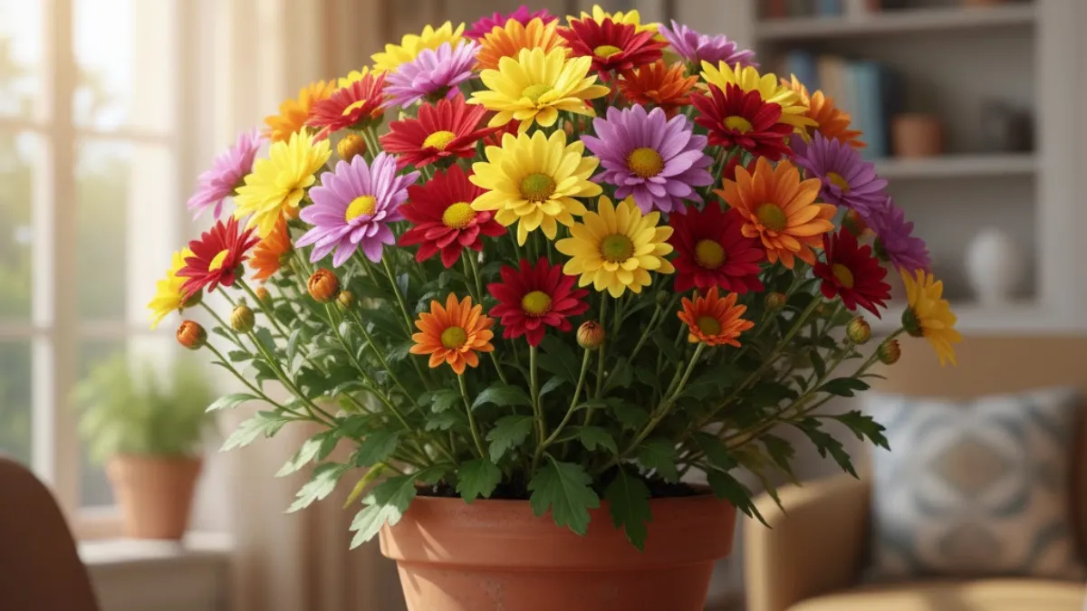 Crisântemos de várias cores em ambiente iluminado