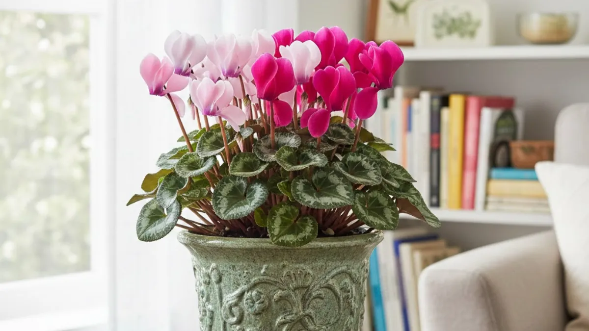 Ciclame com flores rosas em vaso ornamental