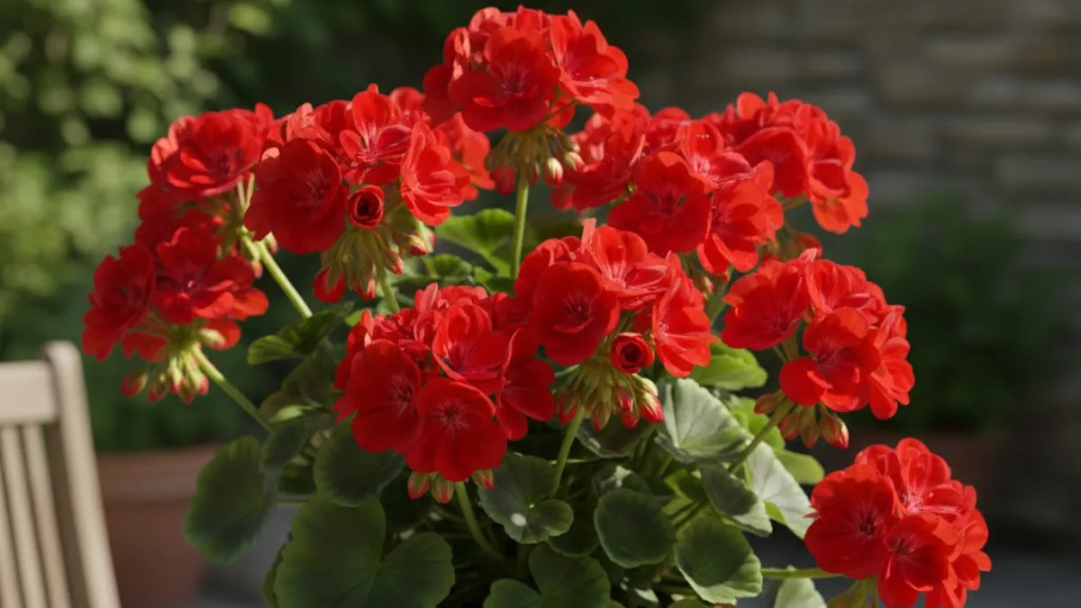 Gerânio vermelho florido em vaso