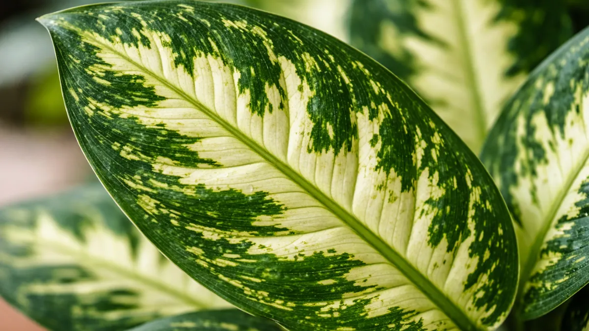 Comigo-ninguém-pode: Close macro de folha rajada de Dieffenbachia mostrando padrões verdes e creme