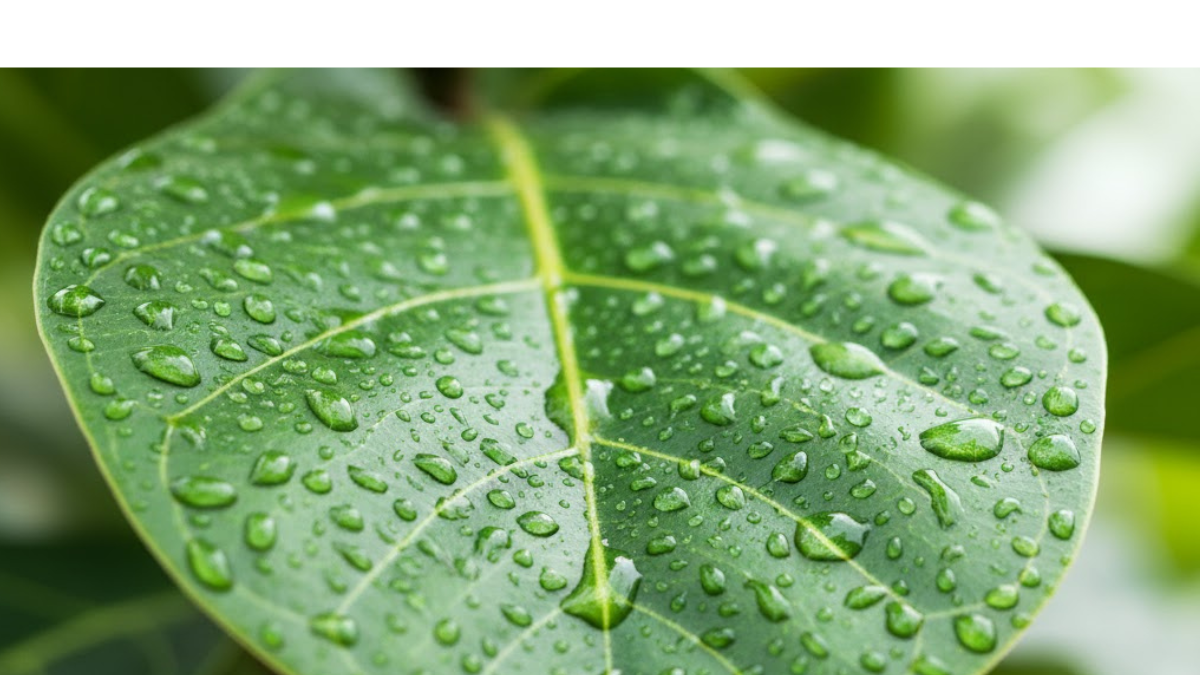 Macro da folha do Ficus Lyrata com gotinhas de água, planta ornamental de folhas grandes e verdes em fundo claro desfocado