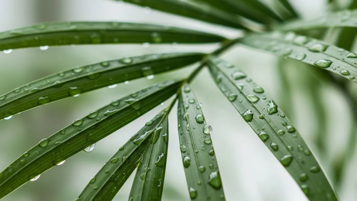 Macro das folhas da palmeira ráfis com gotinhas de água, planta ornamental de sombra com fundo claro desfocado