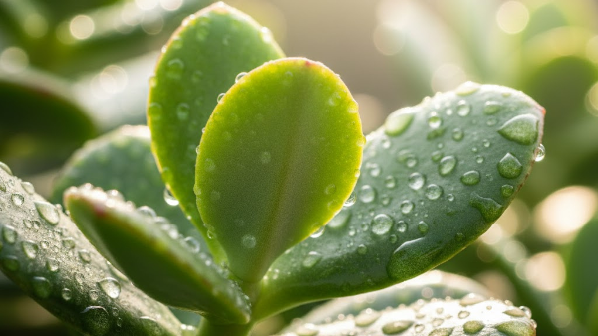Macro das folhas verdes da planta jade com gotinhas de água, suculenta ornamental com fundo claro desfocado