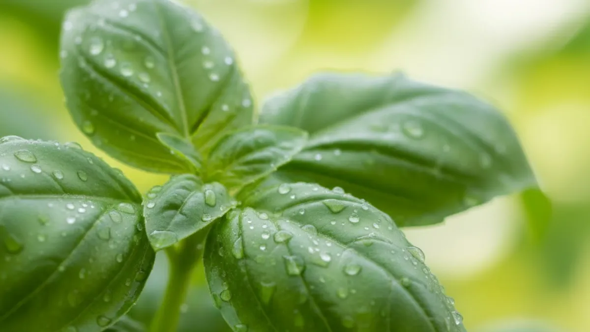 Macro das folhas verdes de manjericão com gotinhas de água, planta aromática culinária em fundo claro desfocado