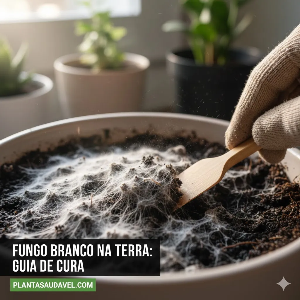 Close-up de terra de vaso com bolor branco sendo removido com uma pequena pá de jardinagem, mostrando o tratamento de fungos no solo.
