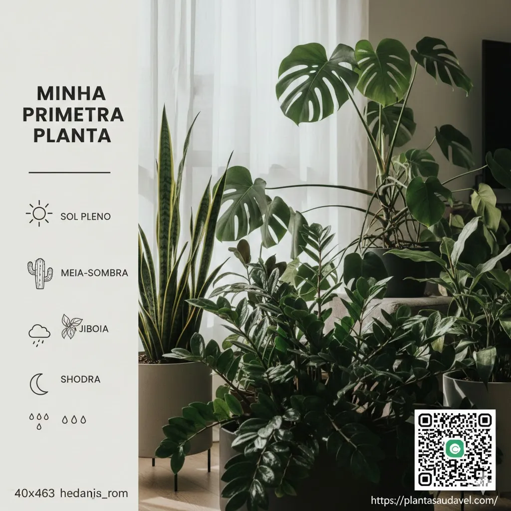 Como Escolher a Primeira Planta: Infográfico mostrando diferentes tipos de plantas para iniciantes (Jiboia, Zamioculca) e seus níveis de necessidade de luz e água.