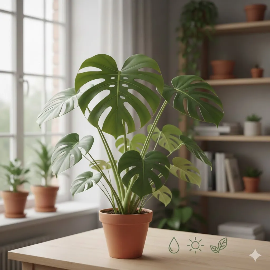 Como Entender as Necessidades da Planta: Close de uma mão tocando o solo de um vaso de planta, com ícones sobrepostos representando sol, água e nutrientes.