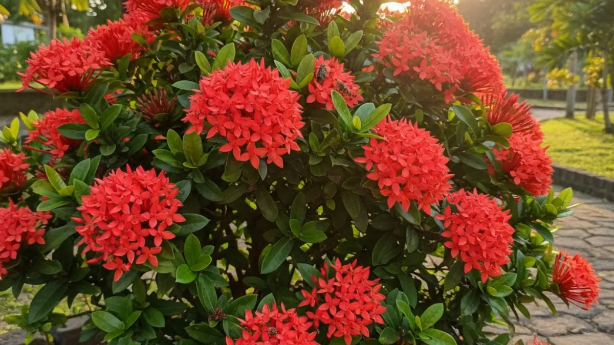 Arbusto Ixora com flores vermelhas