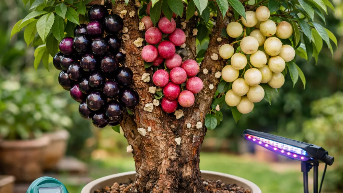 Jabuticabeira cultivada em vaso grande com frutos roxos, rosados e brancos no tronco, medidor de umidade, adubo NPK e luz de cultivo ao redor.
