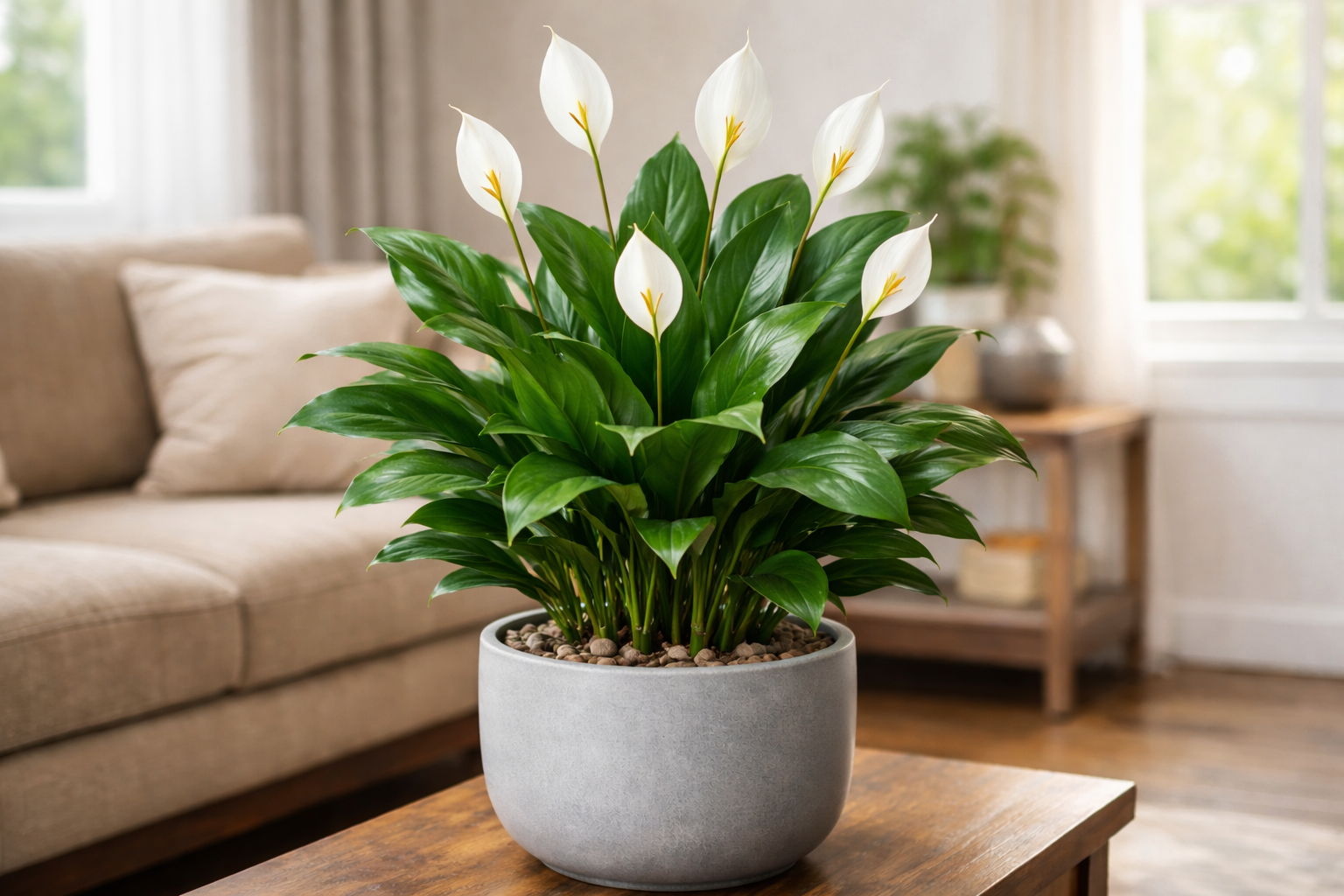 Lírio-da-paz com folhas verdes e flores brancas dentro de sala iluminada