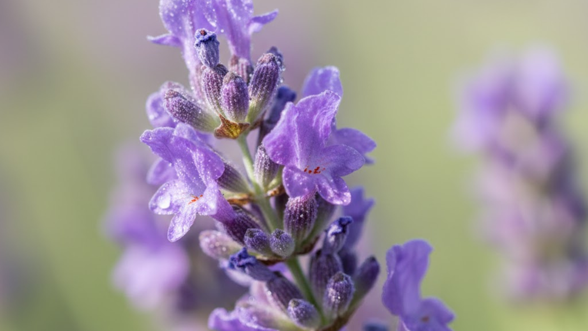 Close-up macro de flores de lavanda roxa com pequenas gotinhas de água nas pétalas e fundo verde desfocado.