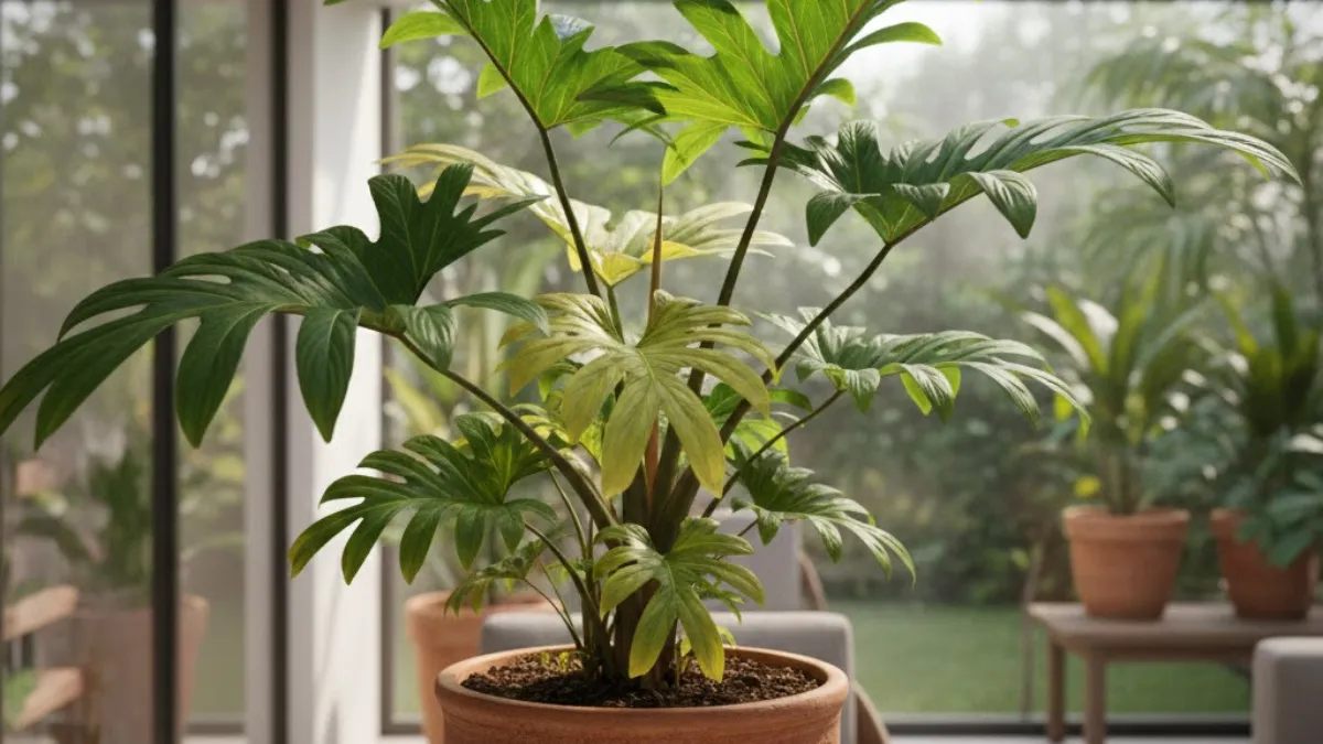 Planta Pacová com folhas largas e verdes, cultivada em vaso, destacando cuidados, luz ideal e variações de cor.