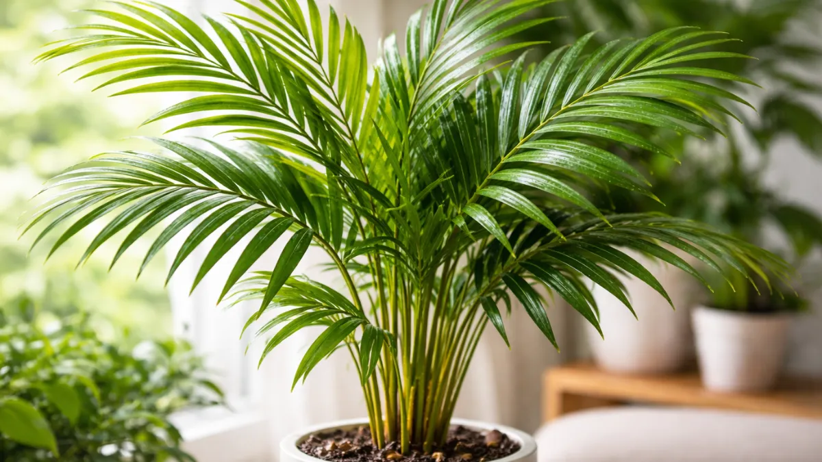 Palmeira-Areca com folhas verdes e brilhantes em ambiente interno bem iluminado