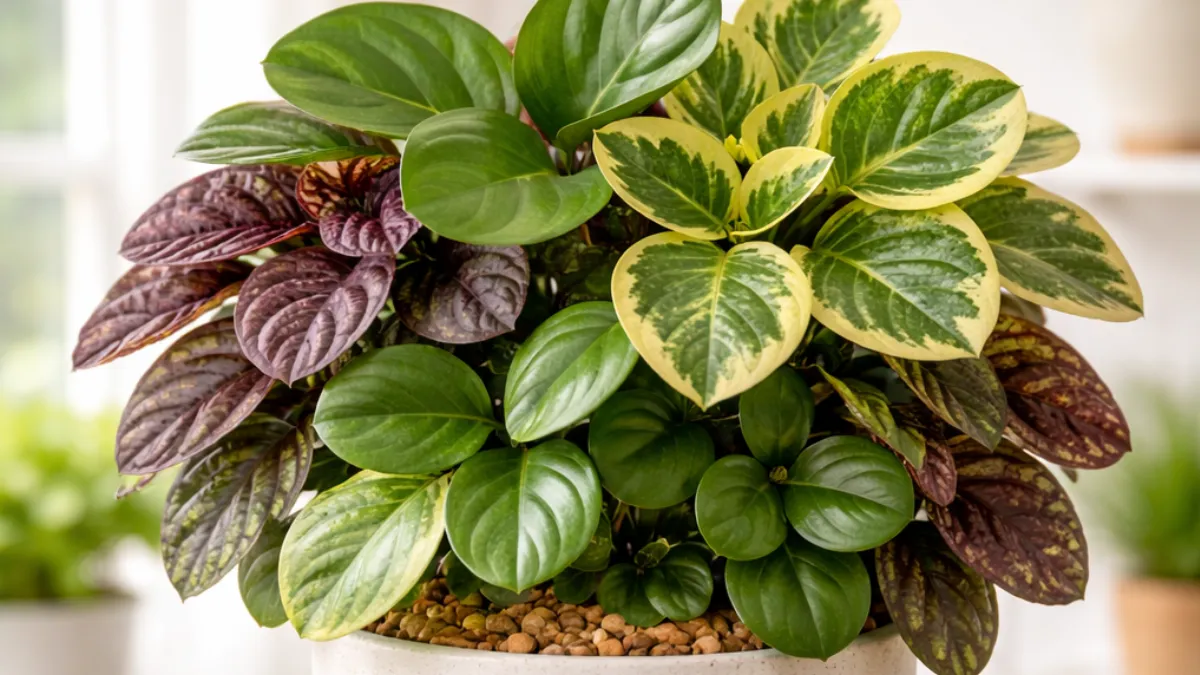 Planta peperômia de folhas verdes e coloridas cultivada em ambiente interno iluminado