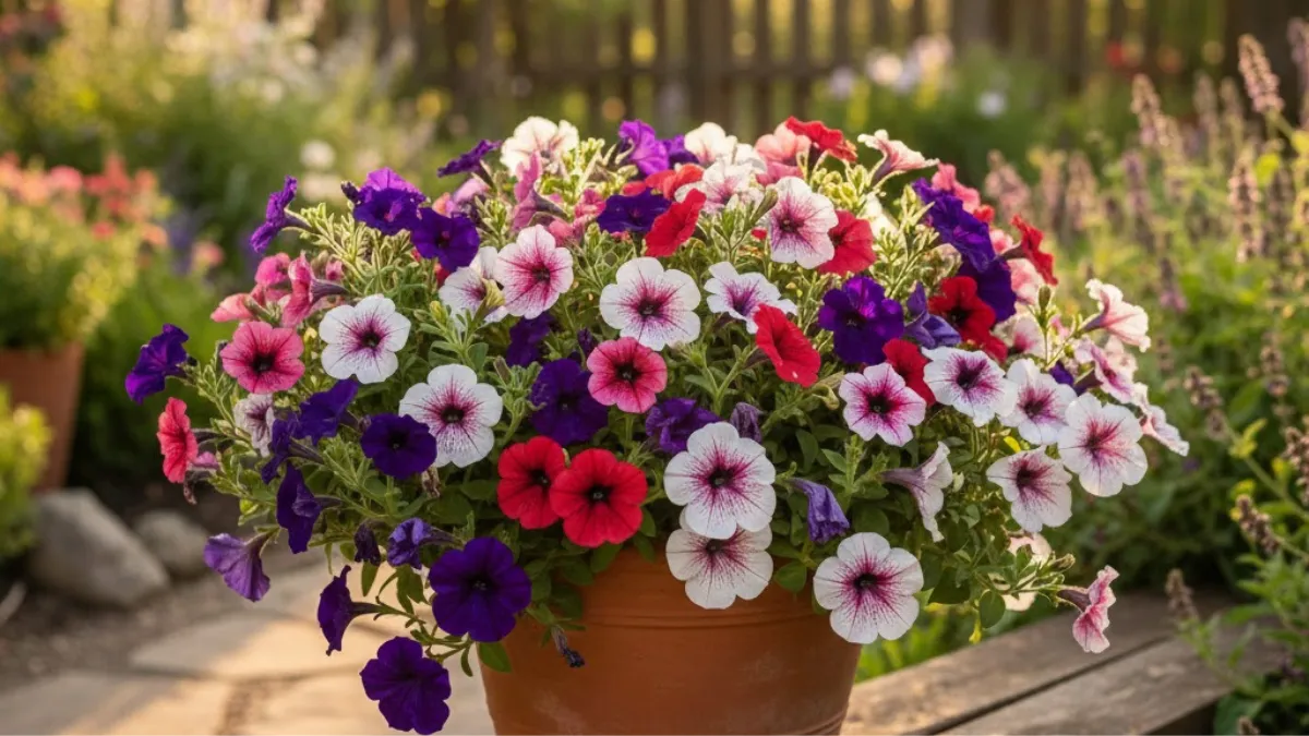 Vaso com petúnias coloridas em ambiente ensolarado