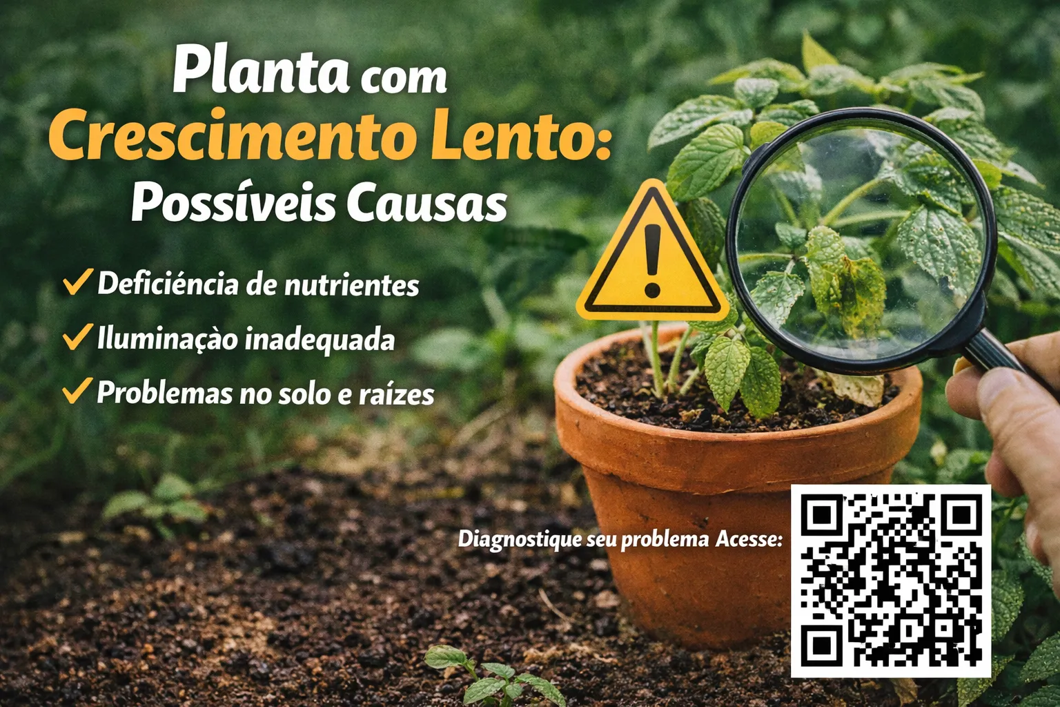 Planta com Crescimento Lento: Planta em vaso com crescimento lento indicando problemas de luz e nutrientes