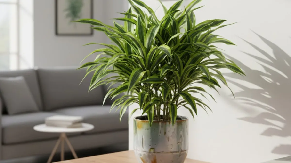 Pleomele com folhas coloridas em vaso decorativo