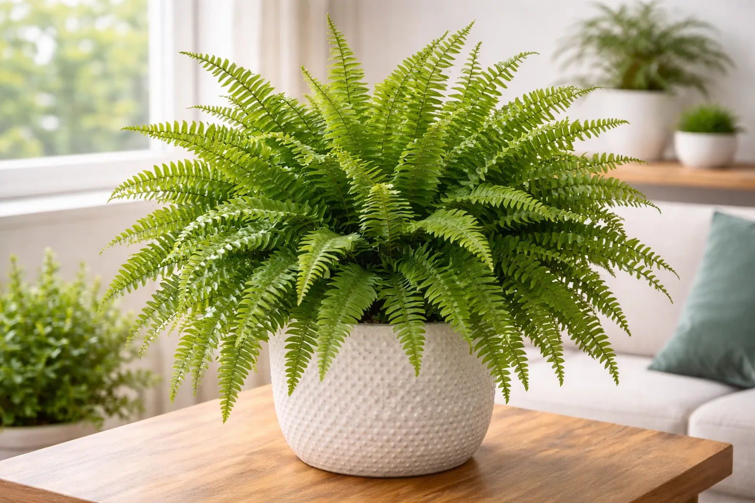 Samambaia Como Cuidar e Manter Sempre Cheia e Bonita: Samambaia exuberante com folhas verdes densas, cultivada em vaso dentro de apartamento