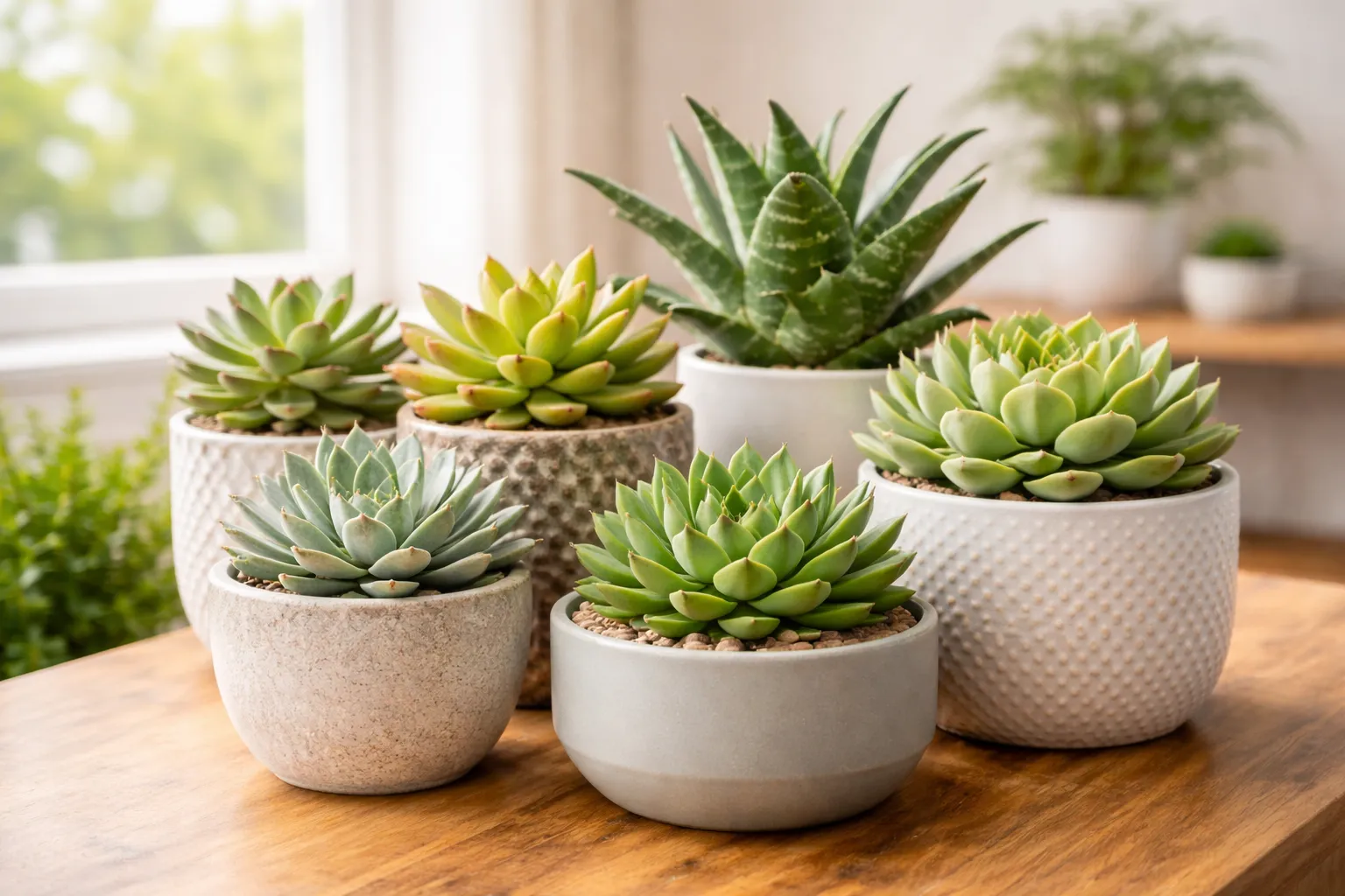 Suculentas Como Cuidar e Deixar Sempre Bonitas e Saudáveis: Conjunto de suculentas saudáveis com folhas carnudas, em vasos decorativos, dentro de apartamento iluminado