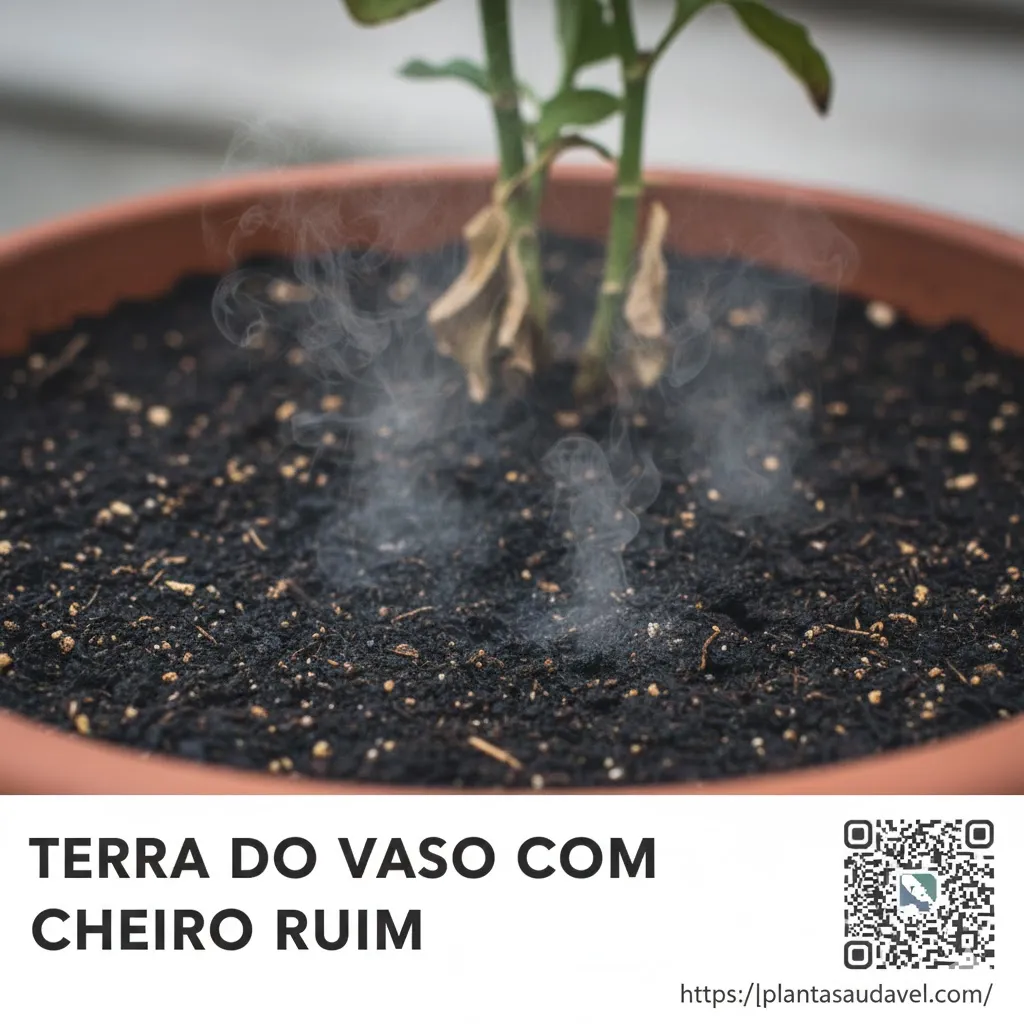 Terra do Vaso com Cheiro Ruim: Close-up de um vaso de planta com terra escura e úmida exalando fumaça ou vapor com odor, representando cheiro ruim. Um QR Code funcional direciona para o site Plantasaudavel.com.