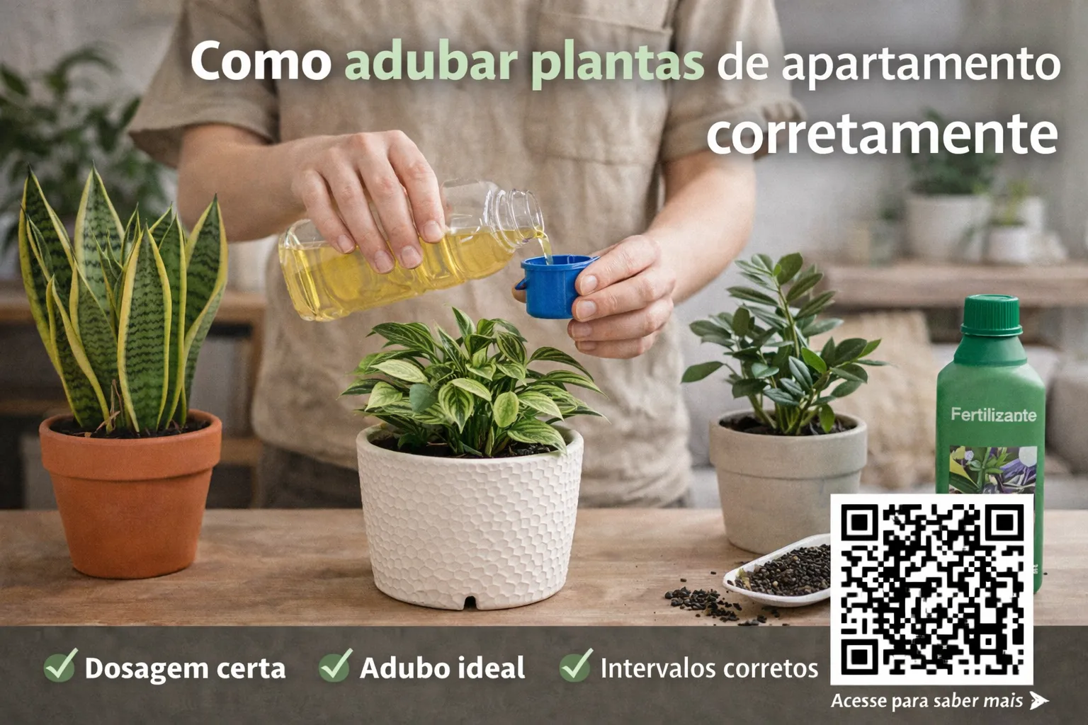 Pessoa adubando plantas de apartamento em vasos com cuidado e dosagem correta
