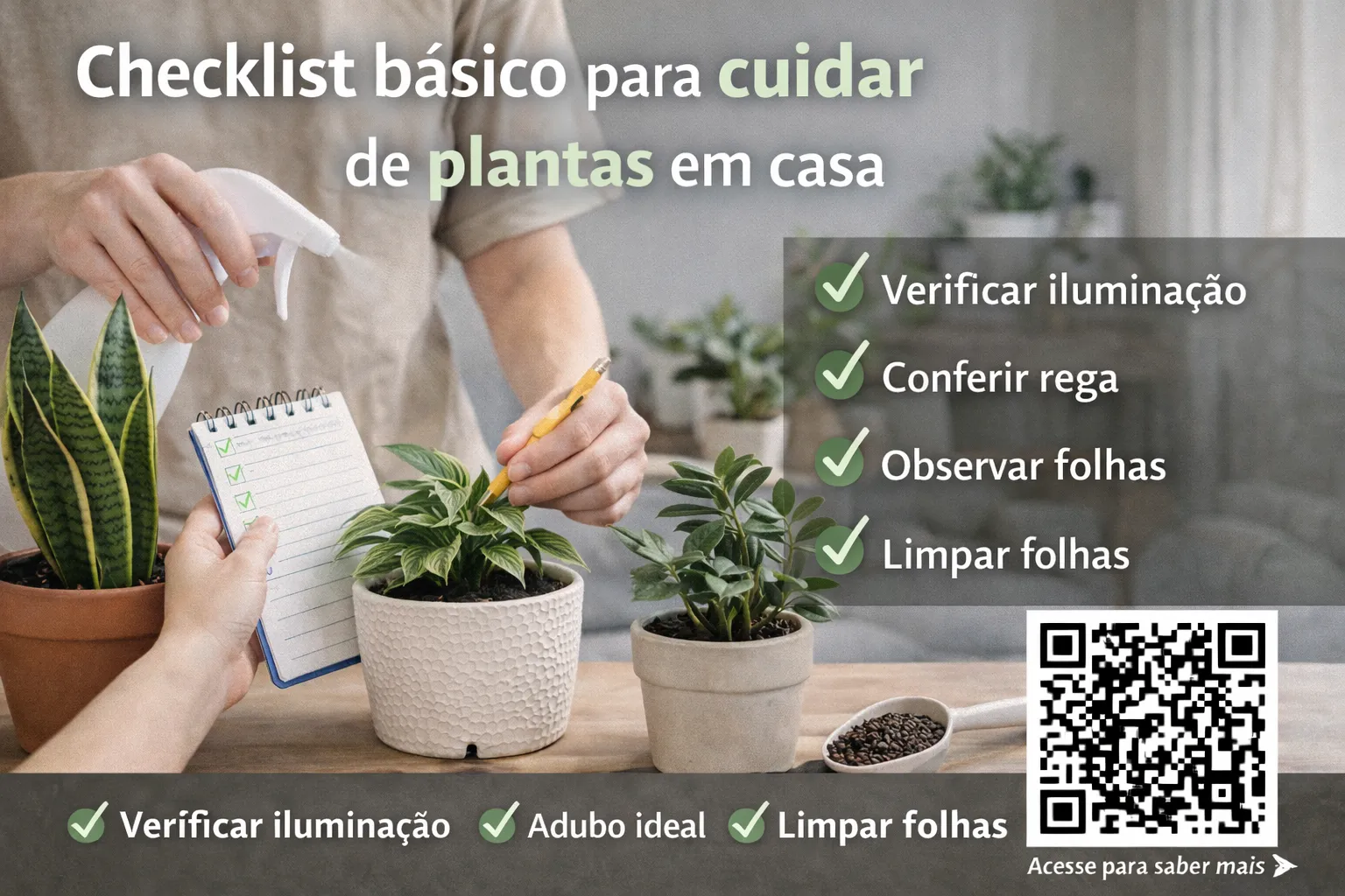 Pessoa cuidando de plantas em casa seguindo um checklist básico de manutenção e observação