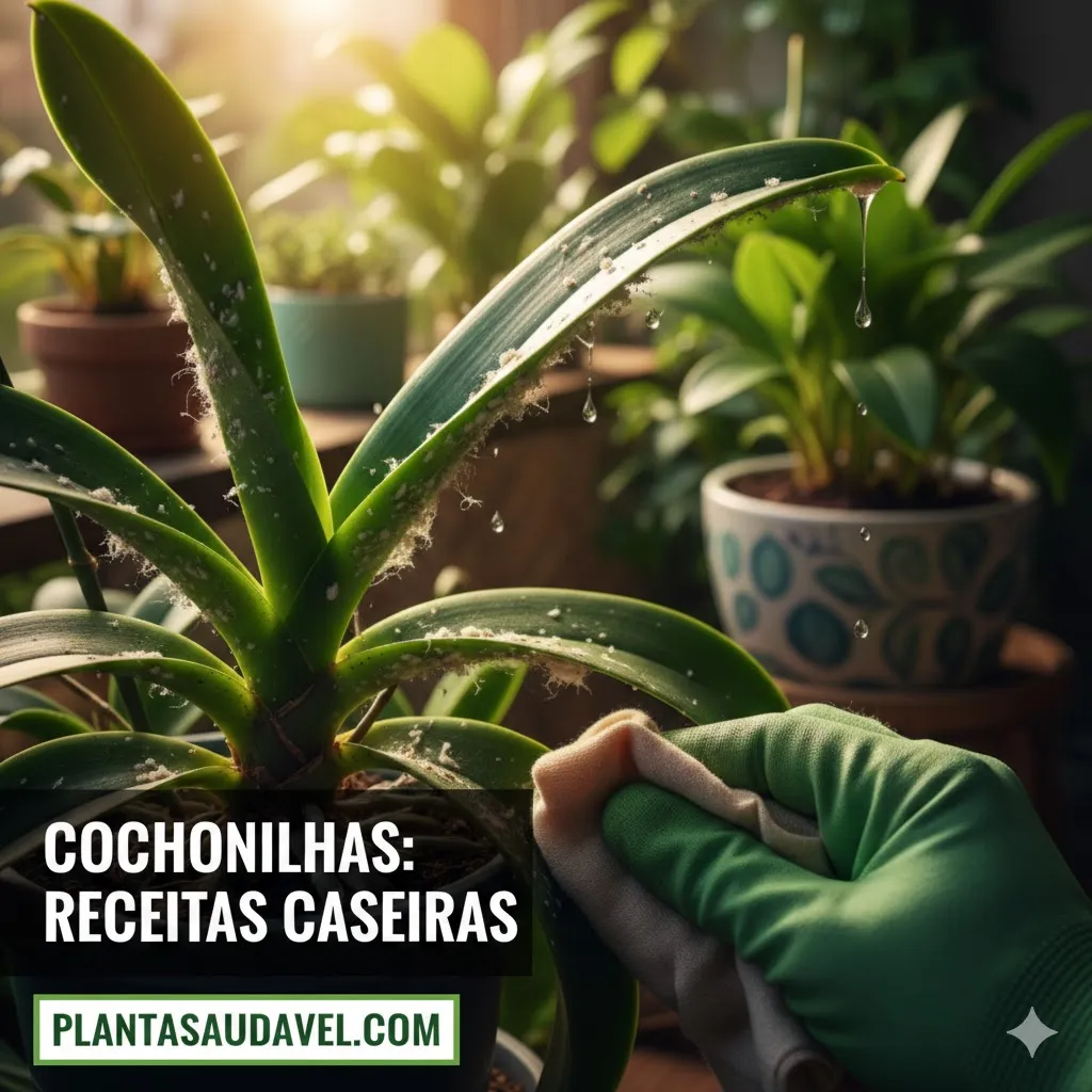 Pessoa usando luvas verdes e pano para remover cochonilhas brancas de uma planta saudável em ambiente iluminado.