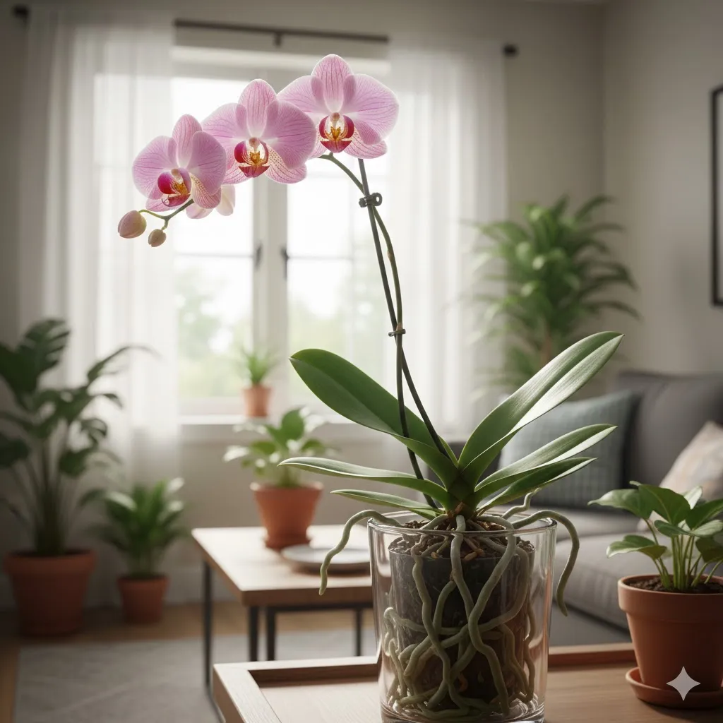 Orquídea Phalaenopsis rosa em vaso de vidro com raízes saudáveis e verdes, ideal para decoração de interiores.