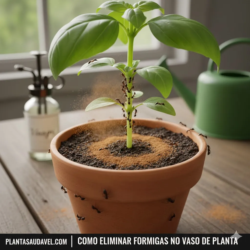Como Eliminar Formigas no Vaso de Planta: Close de formigas pequenas caminhando na borda de um vaso de planta de cerâmica, ilustrando um problema comum de pragas em jardins internos.