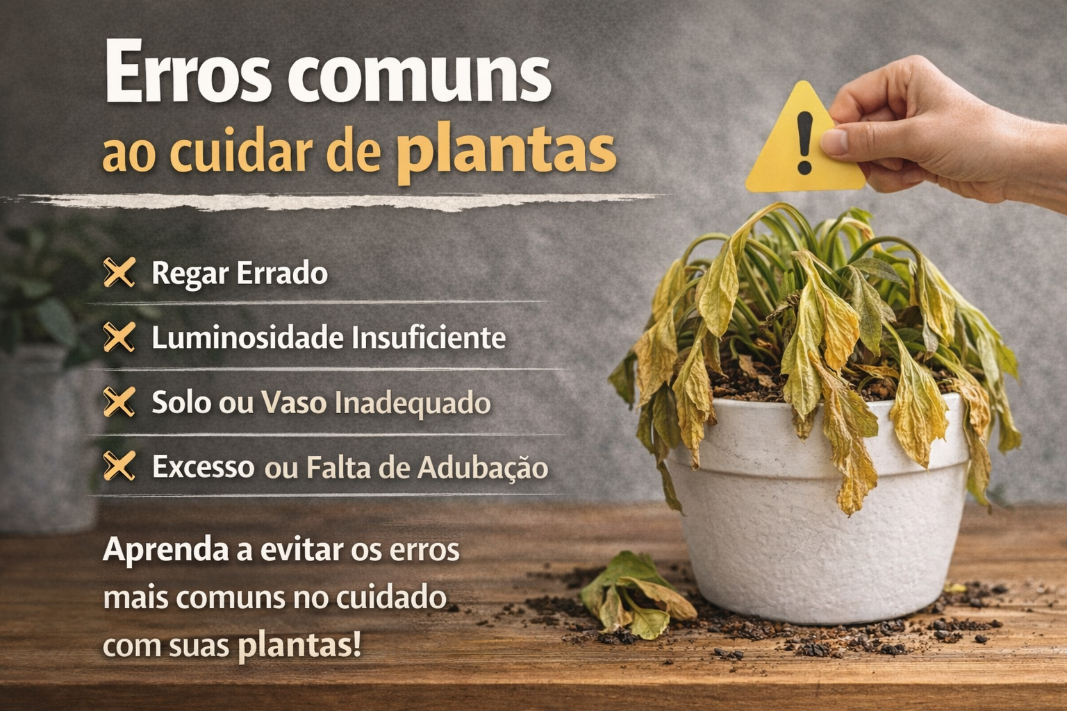 Erros comuns ao cuidar de plantas: Planta com folhas amareladas em vaso, representando erros comuns de rega e iluminação no cultivo doméstico.
