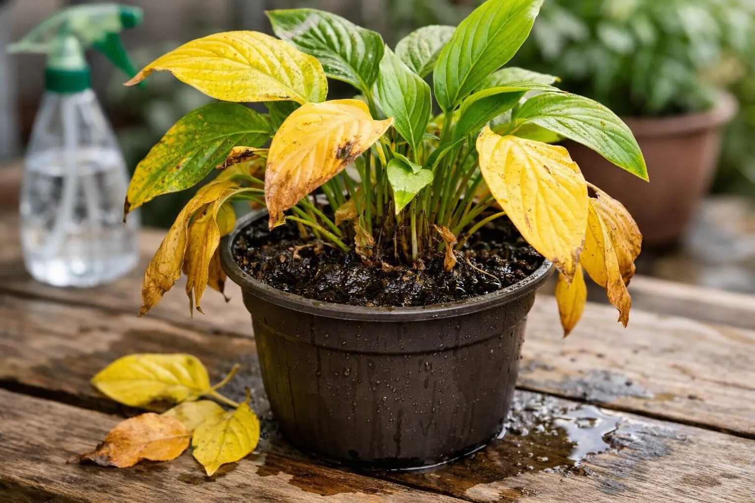 Planta com folhas amarelas causada por excesso de água e problemas na raiz