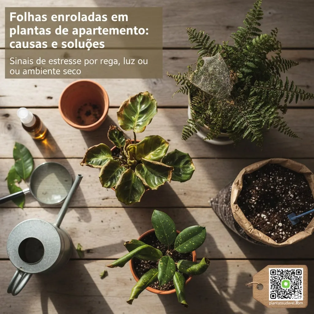 Planta de apartamento com folhas enroladas indicando estresse por rega, luz ou ambiente seco