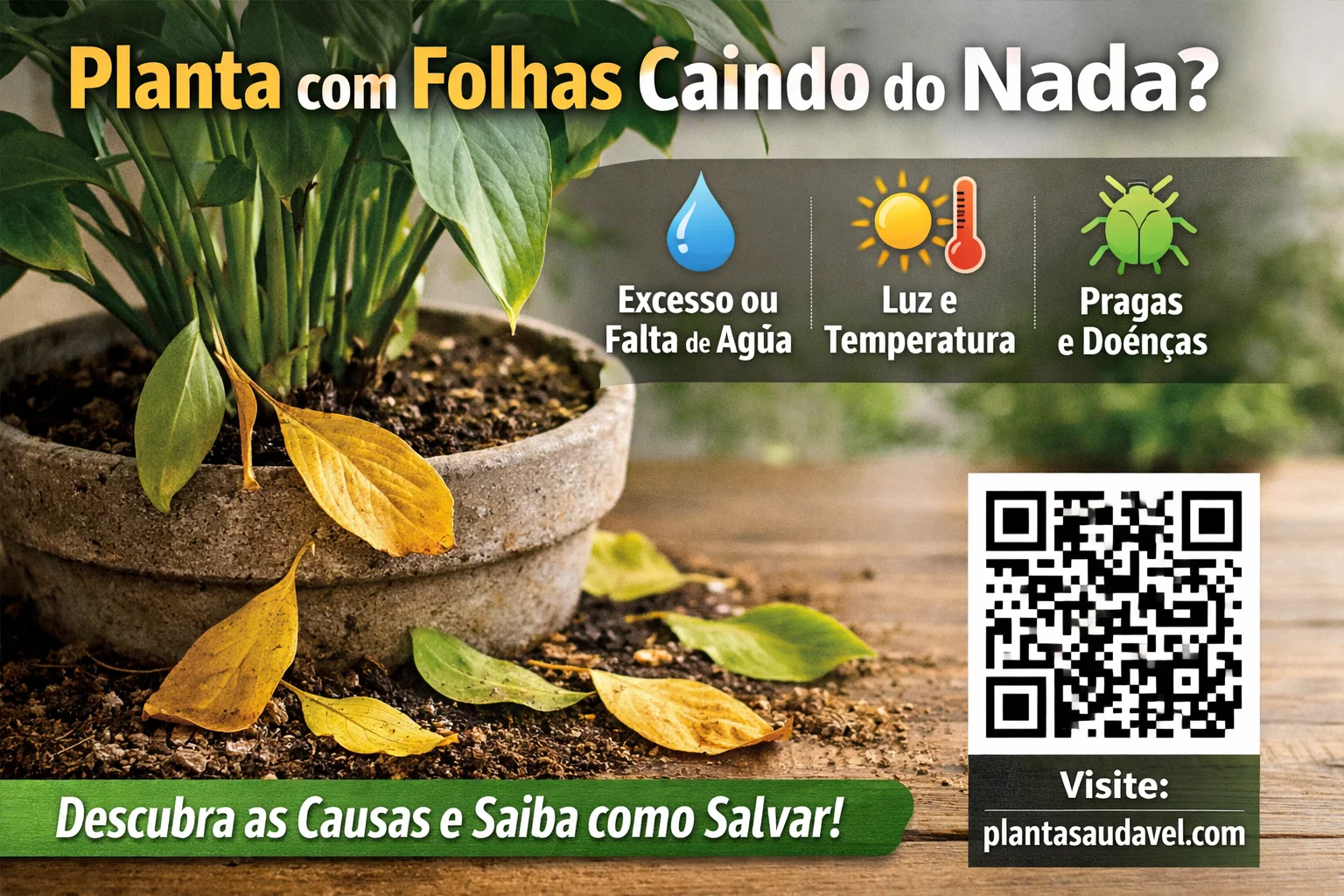 Planta saudável com folhas caindo indicando problemas de rega, luz ou estresse ambiental